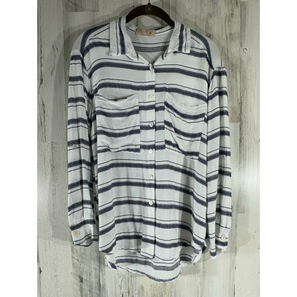 Sofia Made in Italy Button Front Shirt Large Blue Silver Stripe Roll Tab‎ Sleeve